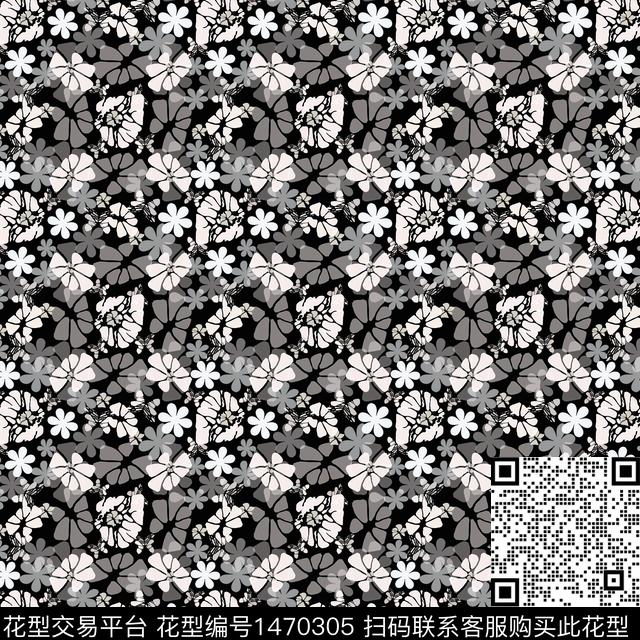 花卉小碎花黑白华亿平台数码印花华亿平台下载（图片编号: 1470305） - 瓦栏（Walan）