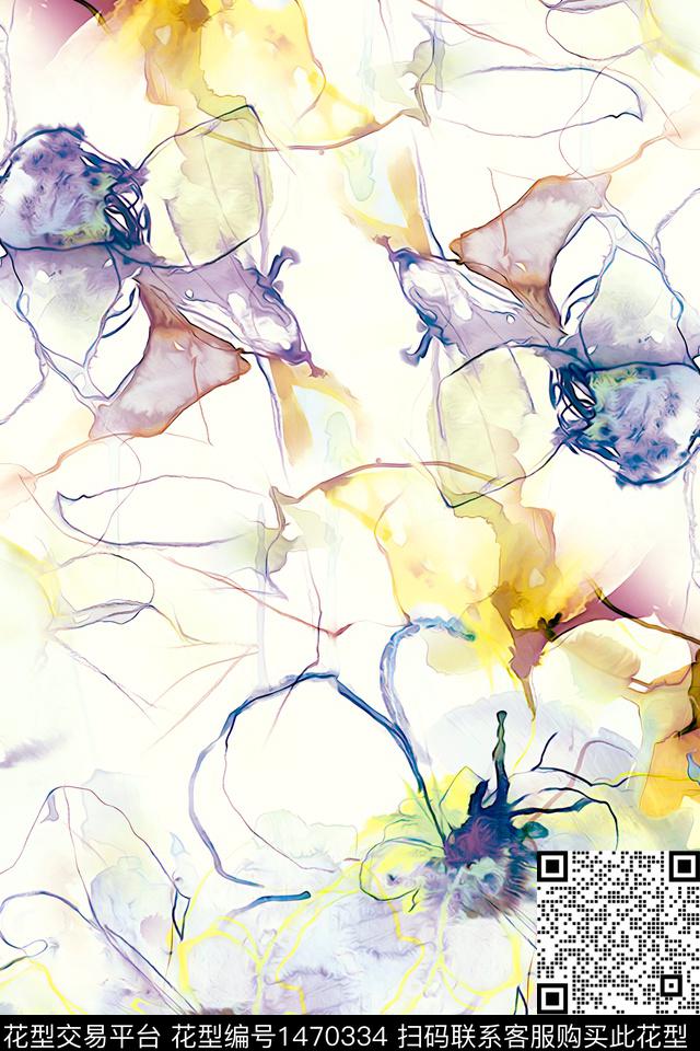 扎染华亿平台抽象花卉花卉数码印花华亿平台下载（图片编号: 1470334） - 瓦栏（Walan）