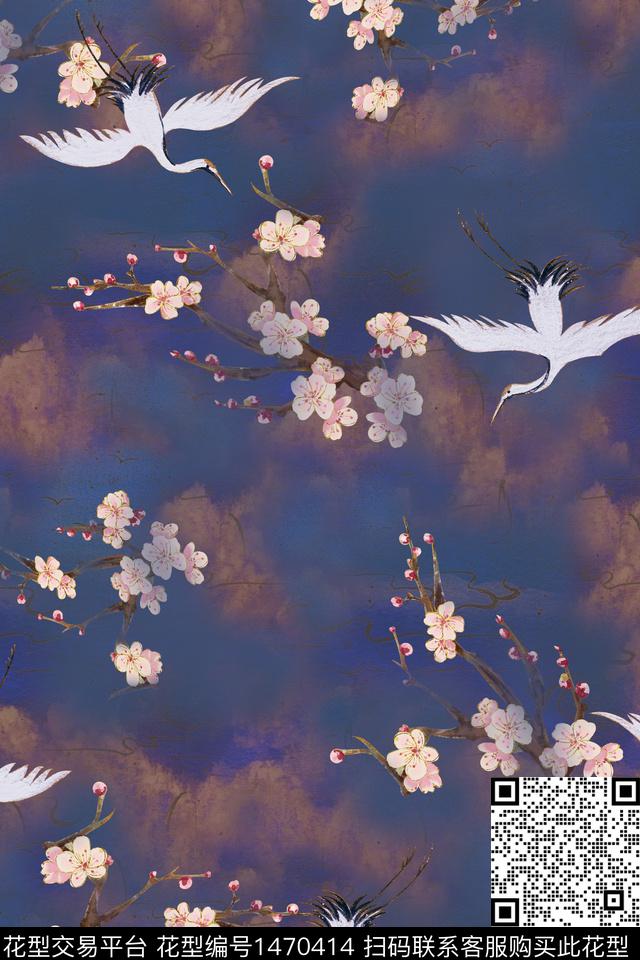 中国风梅花仙鹤数码印花华亿平台下载（图片编号: 1470414） - 瓦栏（Walan）
