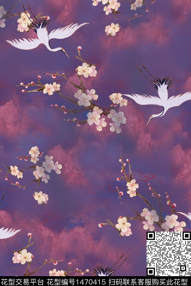 中国风梅花仙鹤数码印花华亿平台下载（图片编号: 1470415） - 瓦栏（Walan）