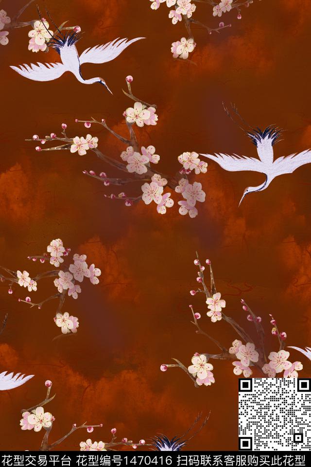 中国风梅花仙鹤数码印花华亿平台下载（图片编号: 1470416） - 瓦栏（Walan）