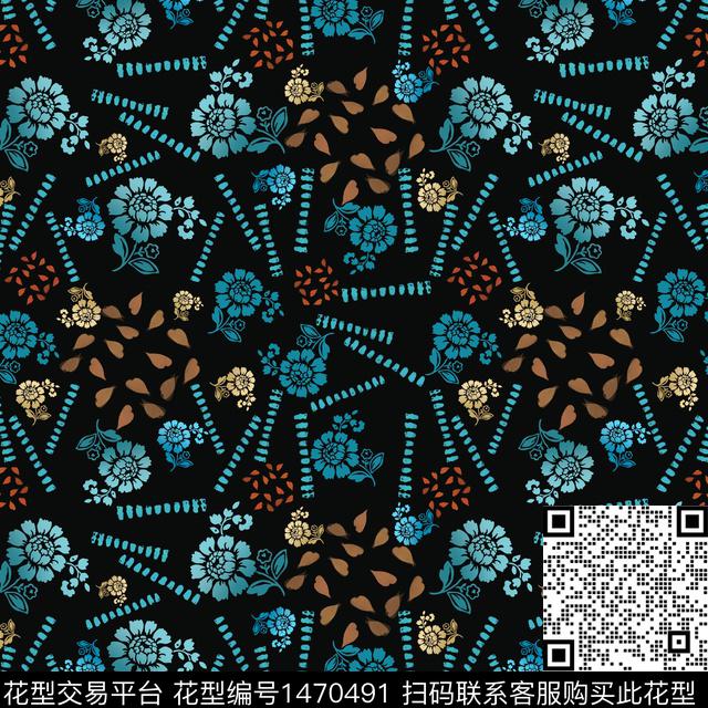 花卉中老年黑底花卉数码印花华亿平台下载（图片编号: 1470491） - 瓦栏（Walan）