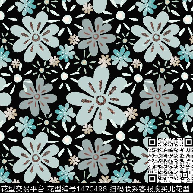 花卉黑底花卉手绘数码印花华亿平台下载（图片编号: 1470496） - 瓦栏（Walan）