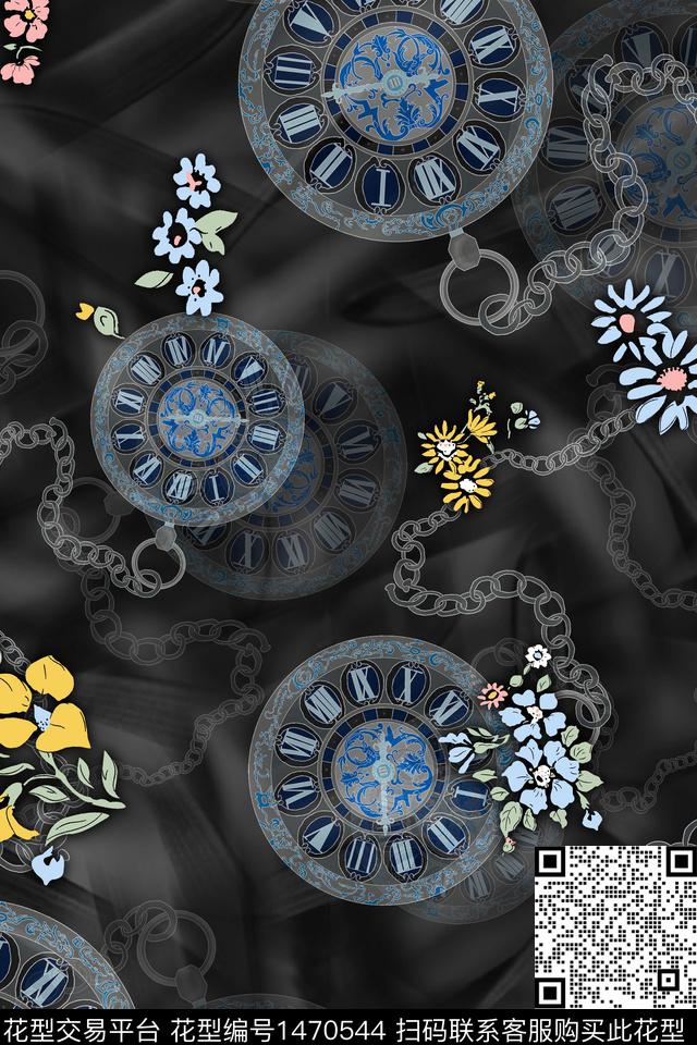 数码华亿平台黑底花卉链条数码印花华亿平台下载（图片编号: 1470544） - 瓦栏（Walan）