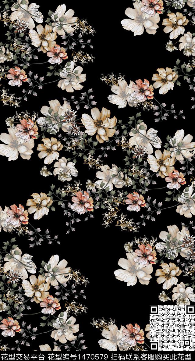 花卉手绘黑底花卉数码印花华亿平台下载（图片编号: 1470579） - 瓦栏（Walan）