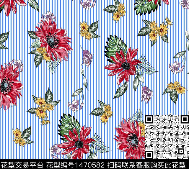 花卉条纹底红花绿叶传统印花华亿平台下载（图片编号: 1470582） - 瓦栏（Walan）