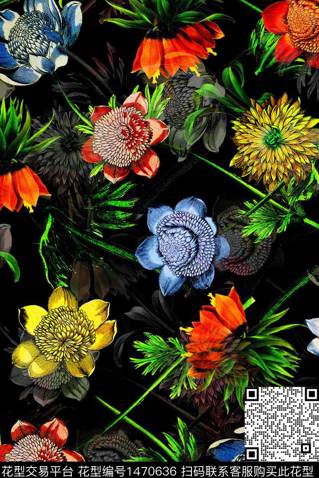 花卉大牌风抽象数码印花华亿平台下载（图片编号: 1470636） - 瓦栏（Walan）