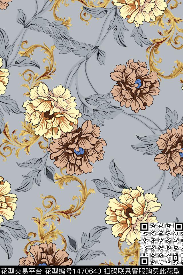 花卉大牌风香云纱数码印花华亿平台下载（图片编号: 1470643） - 瓦栏（Walan）
