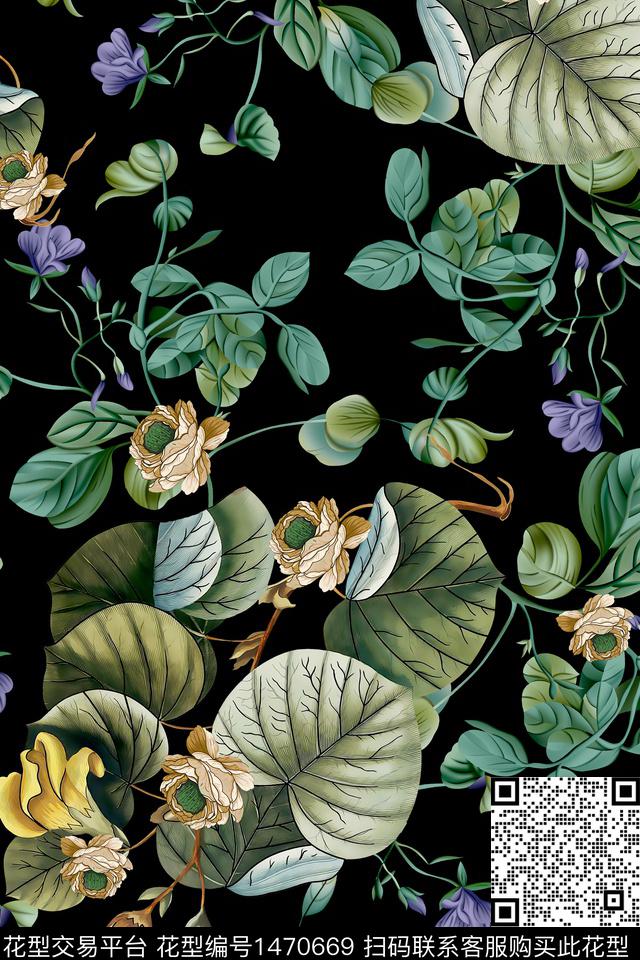 黑底花卉花卉大牌风数码印花华亿平台下载（图片编号: 1470669） - 瓦栏（Walan）