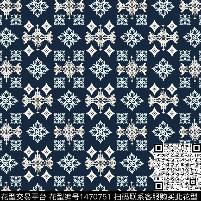 线条格子花卉传统印花华亿平台下载（图片编号: 1470751） - 瓦栏（Walan）