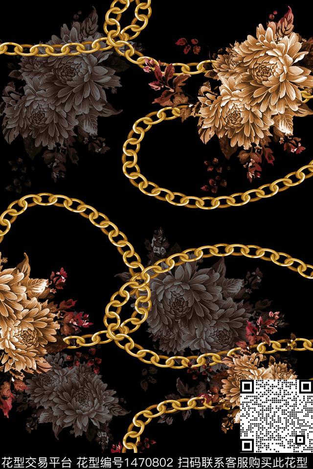 水彩传统纹样链条数码印花华亿平台下载（图片编号: 1470802） - 瓦栏（Walan）