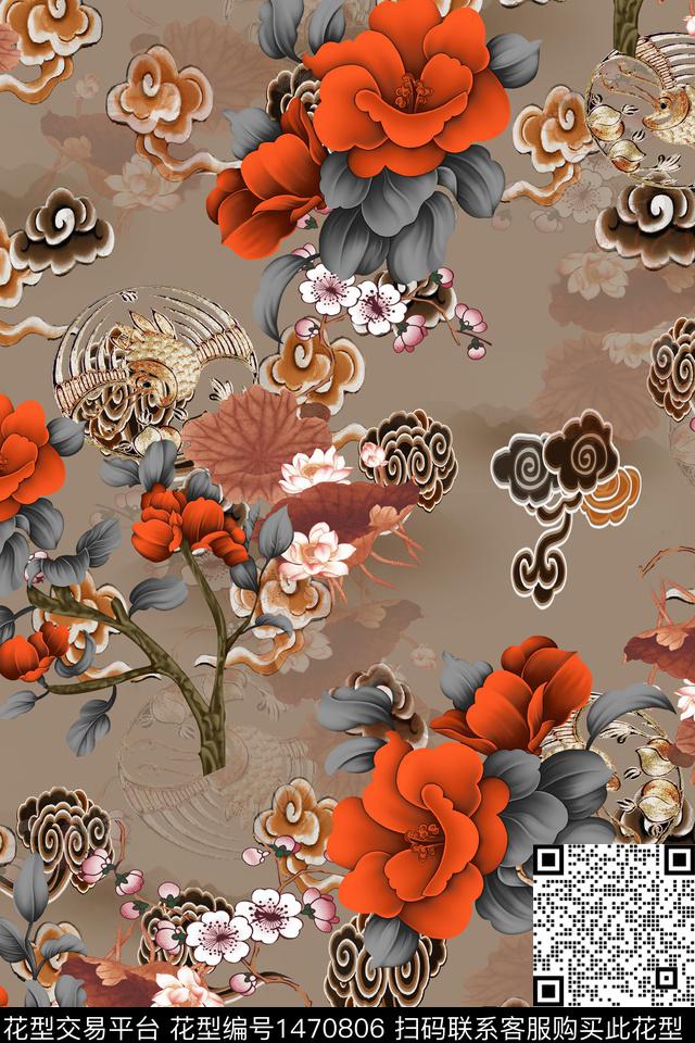 花卉香云纱中国风数码印花华亿平台下载（图片编号: 1470806） - 瓦栏（Walan）