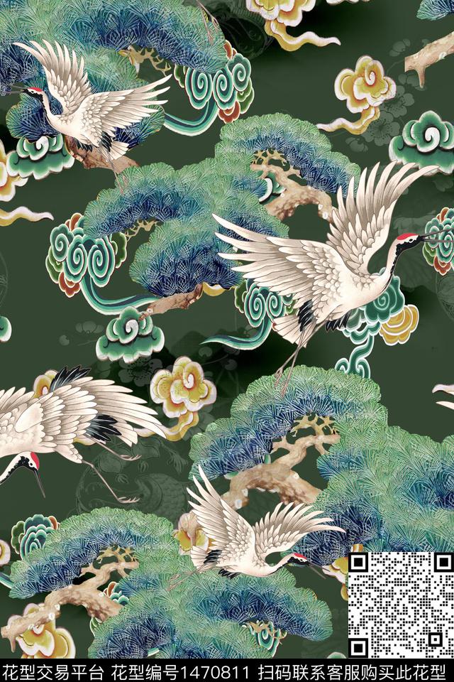 祥云仙鹤真丝数码印花华亿平台下载（图片编号: 1470811） - 瓦栏（Walan）