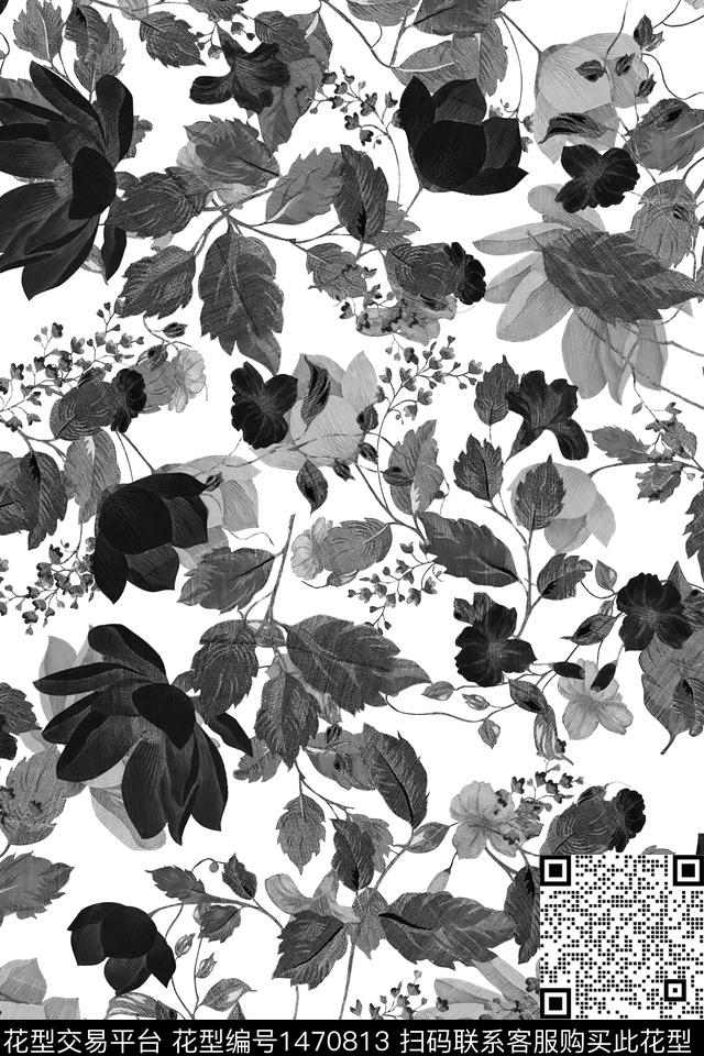 黑白华亿平台花卉大牌风数码印花华亿平台下载（图片编号: 1470813） - 瓦栏（Walan）