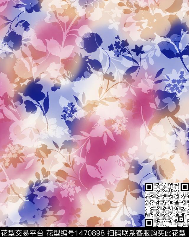 渐变剪影花卉枝叶数码印花华亿平台下载（图片编号: 1470898） - 瓦栏（Walan）