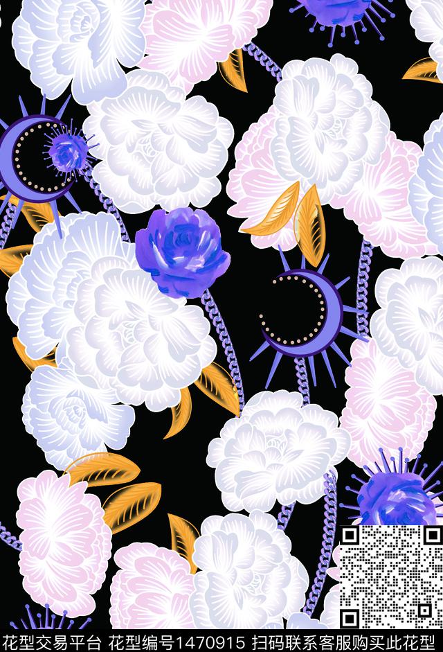 黑底花卉链条花卉数码印花华亿平台下载（图片编号: 1470915） - 瓦栏（Walan）