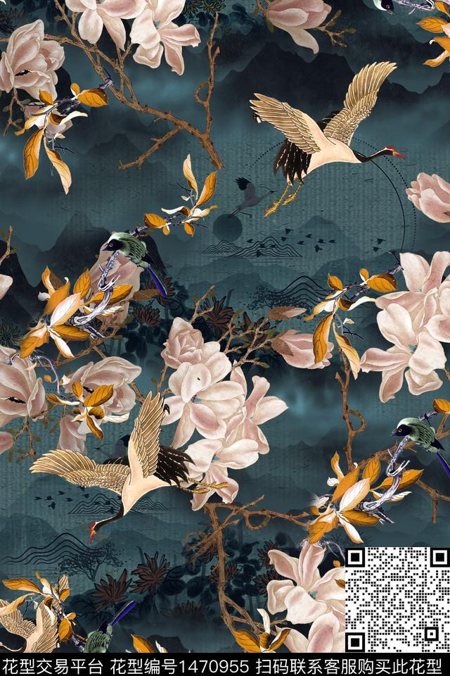 花卉香云纱中国风数码印花华亿平台下载（图片编号: 1470955） - 瓦栏（Walan）