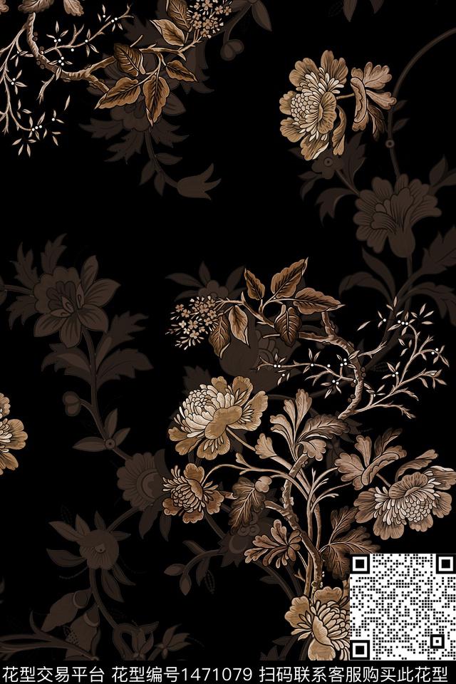 黑底花卉佩斯利民族风数码印花华亿平台下载（图片编号: 1471079） - 瓦栏（Walan）