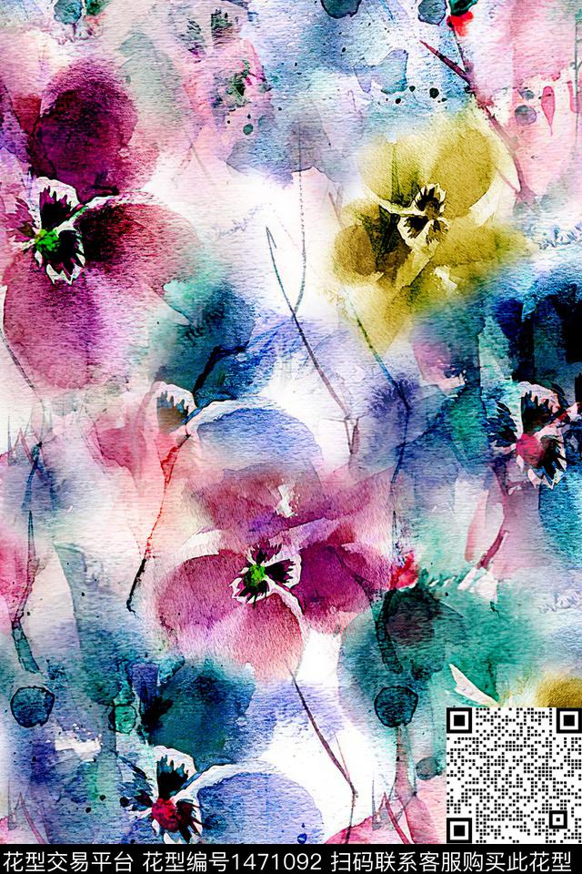 肌理水彩绿植树叶数码印花华亿平台下载（图片编号: 1471092） - 瓦栏（Walan）