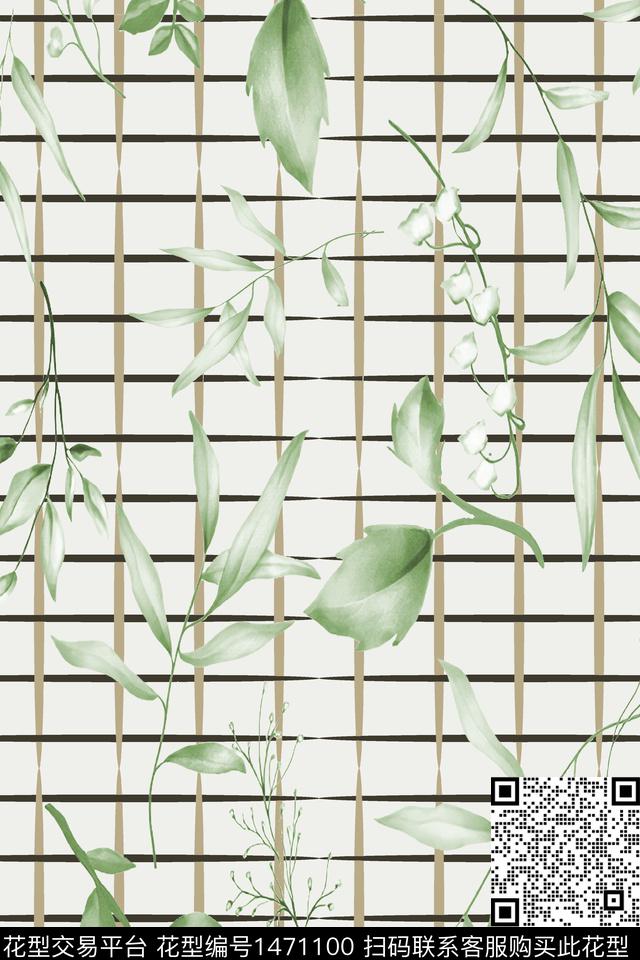 绿植树叶格子小清新数码印花华亿平台下载（图片编号: 1471100） - 瓦栏（Walan）