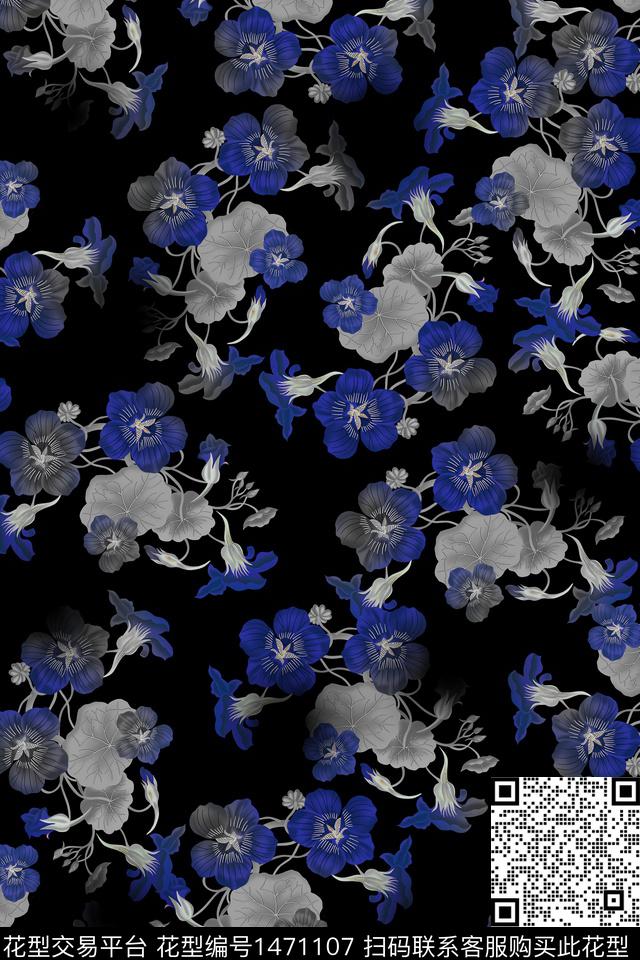 黑底花卉清爽底花卉花卉数码印花华亿平台下载（图片编号: 1471107） - 瓦栏（Walan）