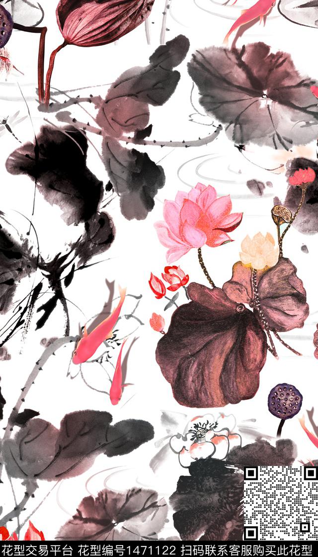 荷花水墨风旗袍数码印花华亿平台下载（图片编号: 1471122） - 瓦栏（Walan）