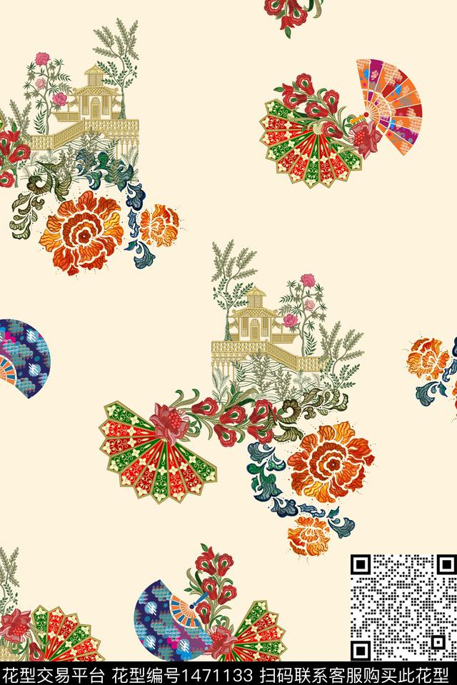 扇子香云纱中国风数码印花华亿平台下载（图片编号: 1471133） - 瓦栏（Walan）