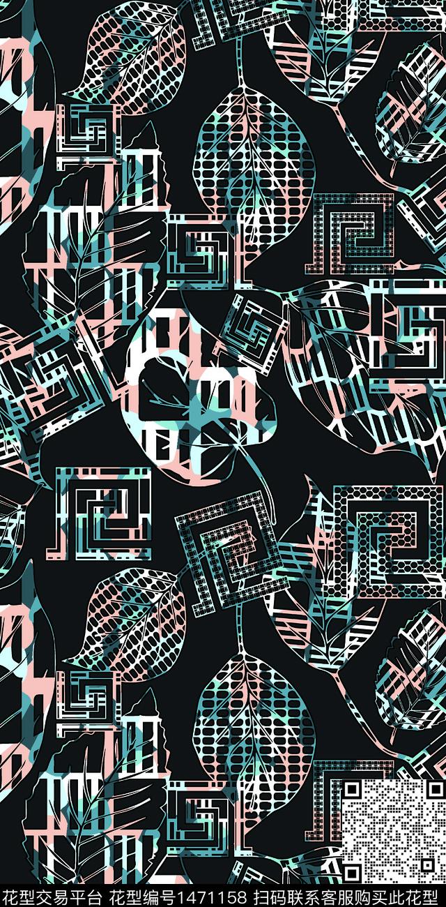线条黑底花卉几何数码印花华亿平台下载（图片编号: 1471158） - 瓦栏（Walan）
