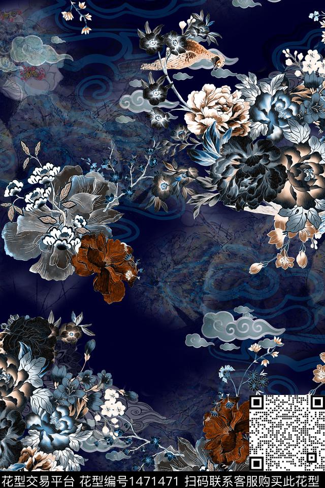 花卉香云纱中国风数码印花华亿平台下载（图片编号: 1471471） - 瓦栏（Walan）