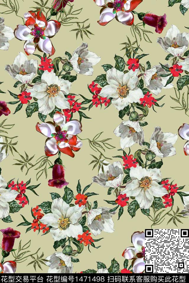 手绘花卉满版散花中国风花卉数码印花华亿平台下载（图片编号: 1471498） - 瓦栏（Walan）