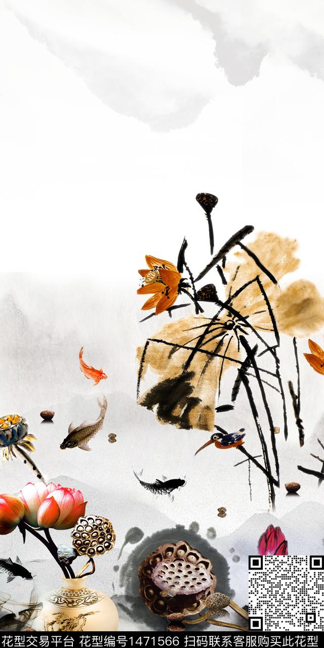 定位花荷花水墨风数码印花华亿平台下载（图片编号: 1471566） - 瓦栏（Walan）
