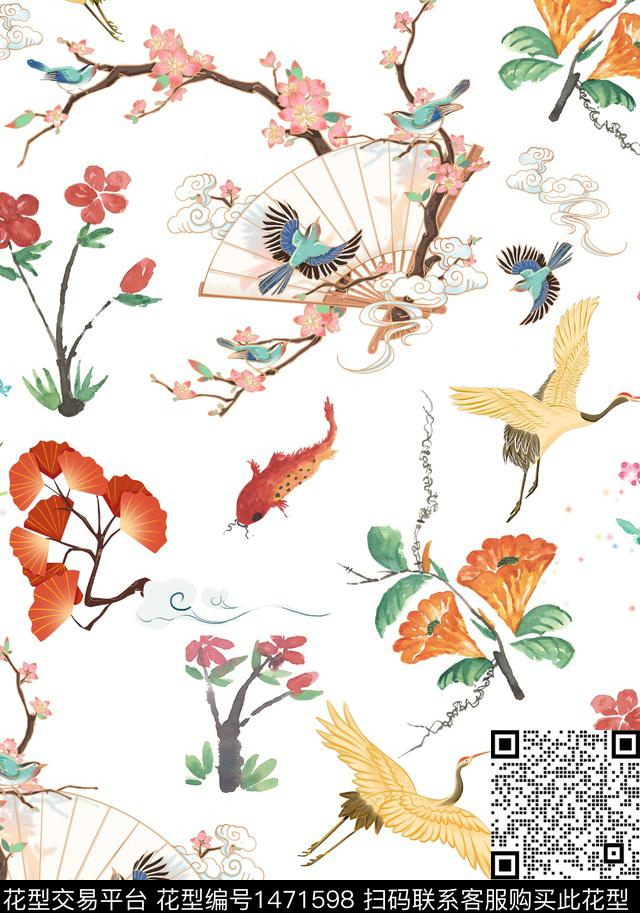 梅花扇子民族花卉数码印花华亿平台下载（图片编号: 1471598） - 瓦栏（Walan）