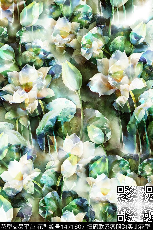 水彩绿植树叶荷花数码印花华亿平台下载（图片编号: 1471607） - 瓦栏（Walan）