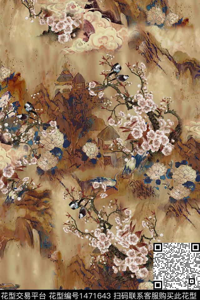 花卉香云纱中国风数码印花华亿平台下载（图片编号: 1471643） - 瓦栏（Walan）