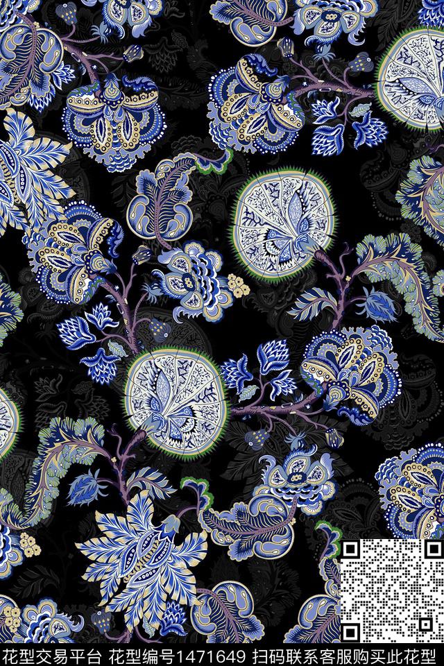 黑底花卉佩斯利民族风数码印花华亿平台下载（图片编号: 1471649） - 瓦栏（Walan）
