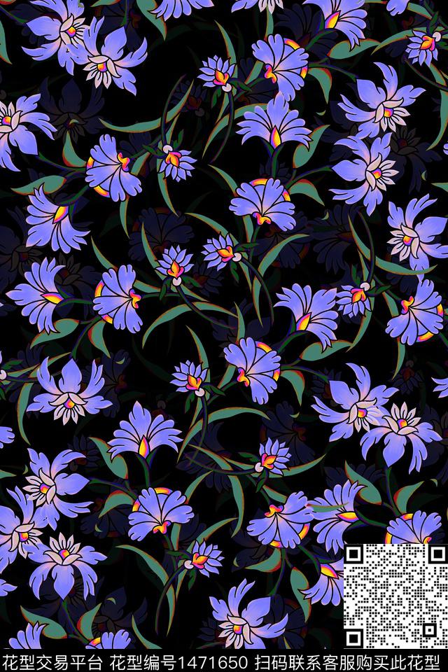 黑底花卉花卉大牌风数码印花华亿平台下载（图片编号: 1471650） - 瓦栏（Walan）