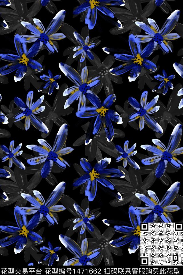 黑底花卉花卉大牌风数码印花华亿平台下载（图片编号: 1471662） - 瓦栏（Walan）