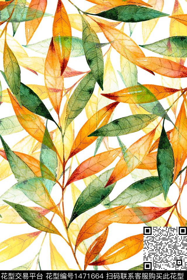 绿植树叶小清新真丝数码印花华亿平台下载（图片编号: 1471664） - 瓦栏（Walan）