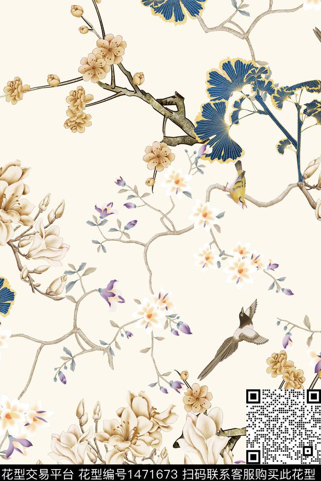 花鸟树枝中国风数码印花华亿平台下载（图片编号: 1471673） - 瓦栏（Walan）