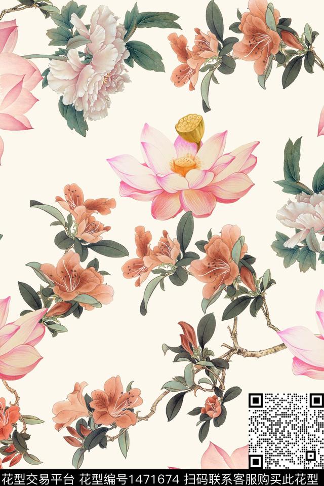 荷花中国风花卉小碎花数码印花华亿平台下载（图片编号: 1471674） - 瓦栏（Walan）