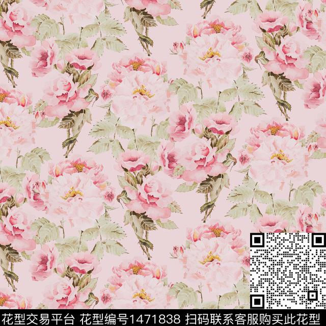 牡丹水彩花卉手绘大花数码印花华亿平台下载（图片编号: 1471838） - 瓦栏（Walan）