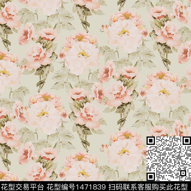 牡丹水彩花卉手绘大花数码印花华亿平台下载（图片编号: 1471839） - 瓦栏（Walan）