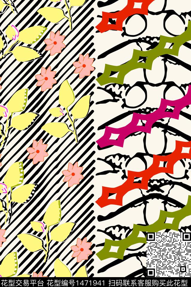 条纹花卉裙数码印花华亿平台下载（图片编号: 1471941） - 瓦栏（Walan）