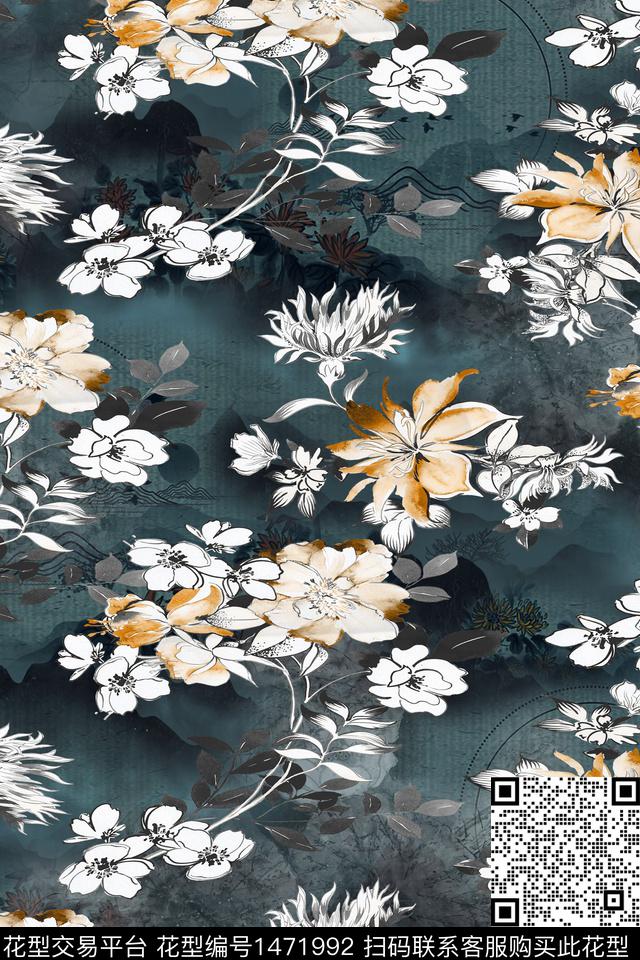 花卉香云纱中国风数码印花华亿平台下载（图片编号: 1471992） - 瓦栏（Walan）