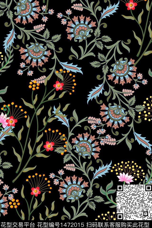 黑底花卉佩斯利民族风数码印花华亿平台下载（图片编号: 1472015） - 瓦栏（Walan）