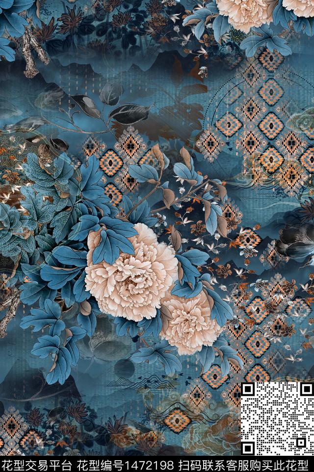 花卉香云纱中国风数码印花华亿平台下载（图片编号: 1472198） - 瓦栏（Walan）