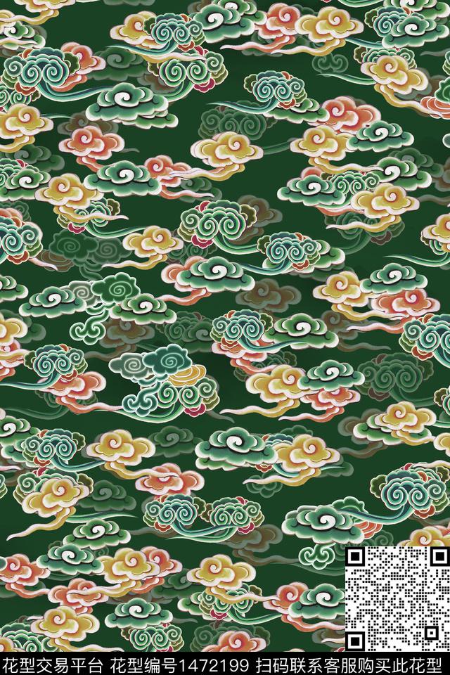 祥云中国风真丝数码印花华亿平台下载（图片编号: 1472199） - 瓦栏（Walan）