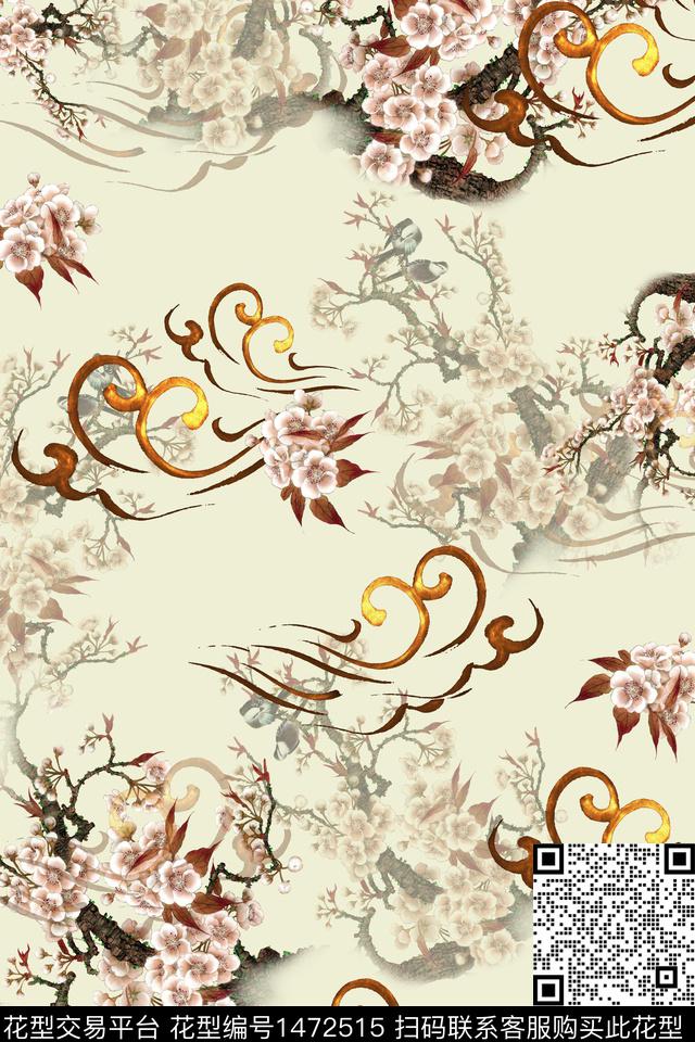 水彩绿植树叶传统纹样数码印花华亿平台下载（图片编号: 1472515） - 瓦栏（Walan）