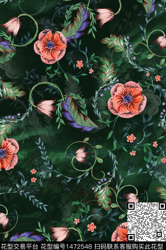 时尚花卉真丝数码印花华亿平台下载（图片编号: 1472548） - 瓦栏（Walan）