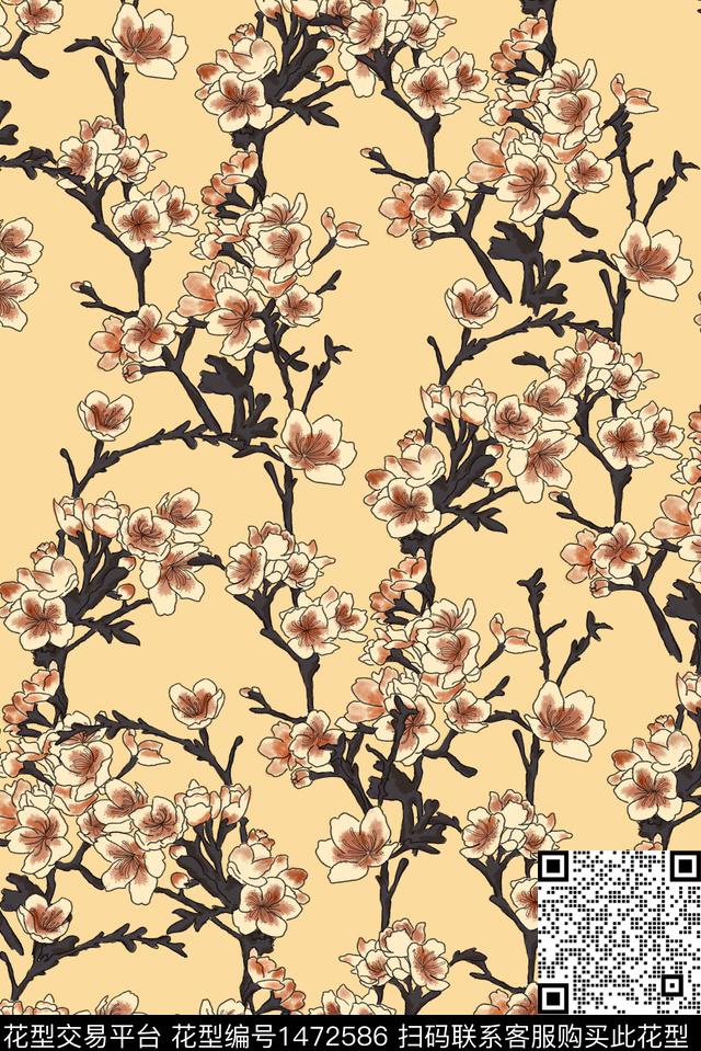 香云纱桃花中国风数码印花华亿平台下载（图片编号: 1472586） - 瓦栏（Walan）